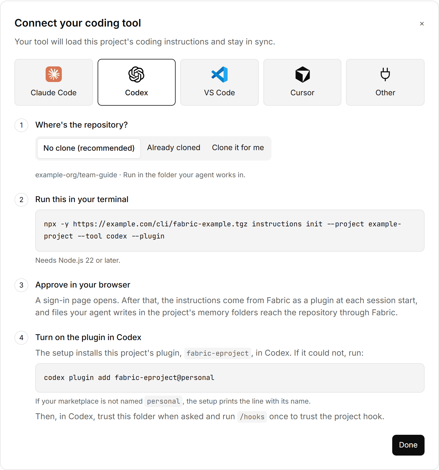 The Connect your coding tool dialog with Codex selected: No clone is the recommended repository choice, followed by the generated setup line, browser approval, and the Codex plugin setup step.