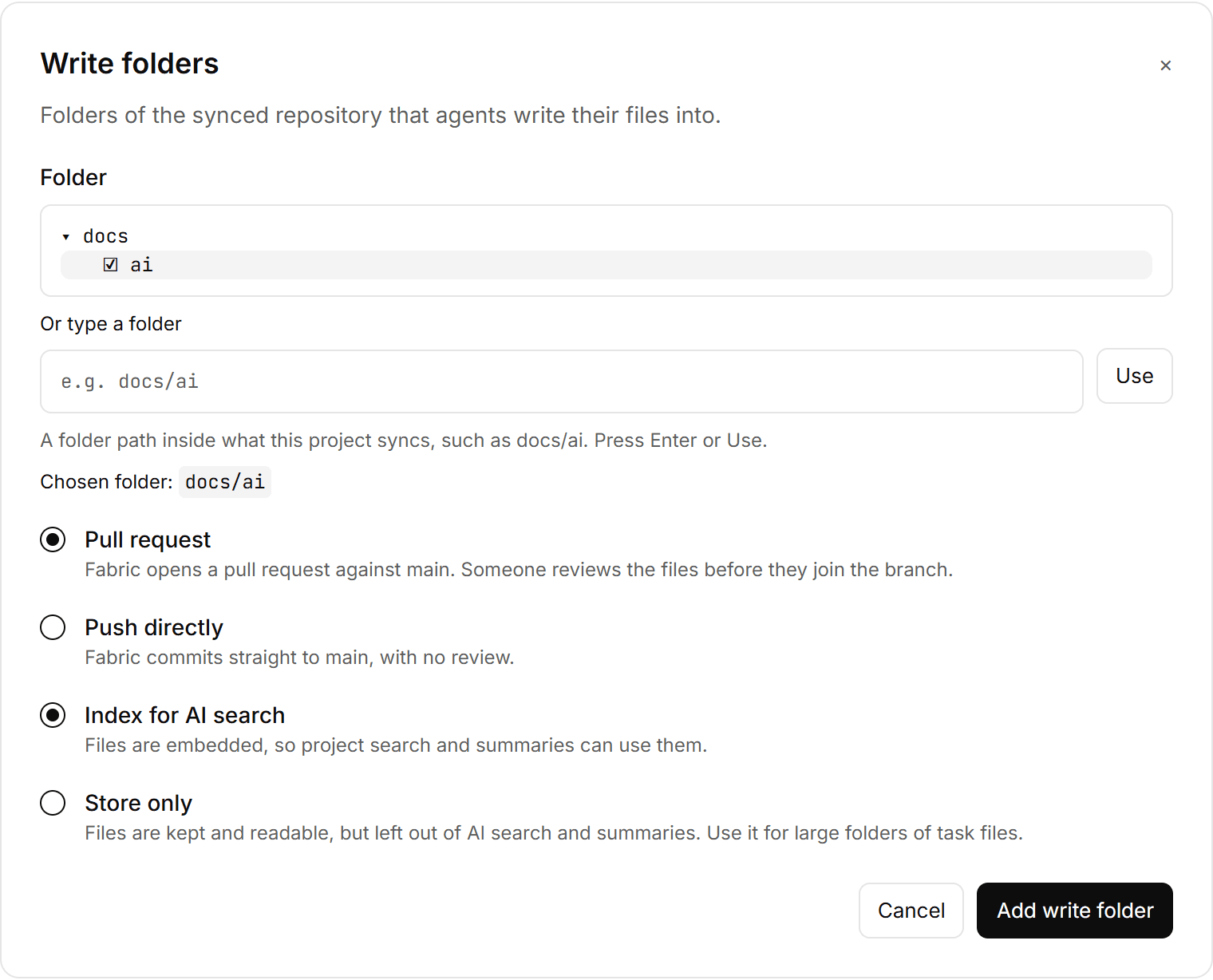 The Write folders form for an example repository, with docs/ai selected, Pull request chosen for review, Index for AI search selected, and the Add write folder action.